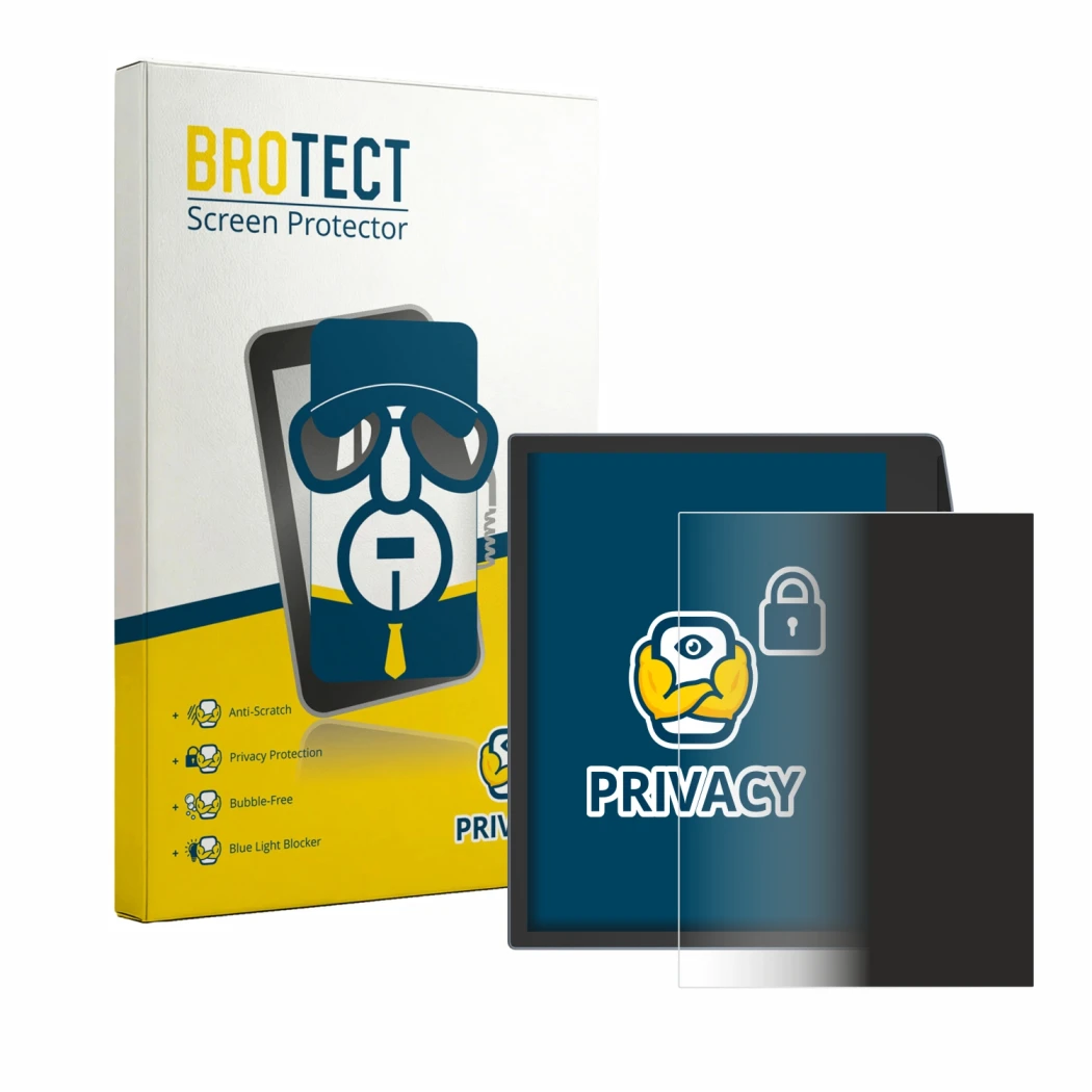 Front side of a product packaging with the brand logo BROTECT. Next to it is the device PocketBook Era Lite shown with the cor