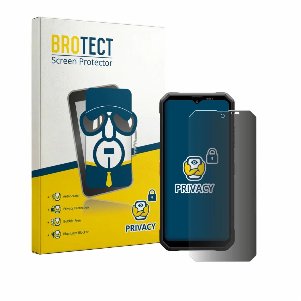 Front side of a product packaging with the brand logo BROTECT. Next to it is the device Blackview Fort 2 shown with the corres