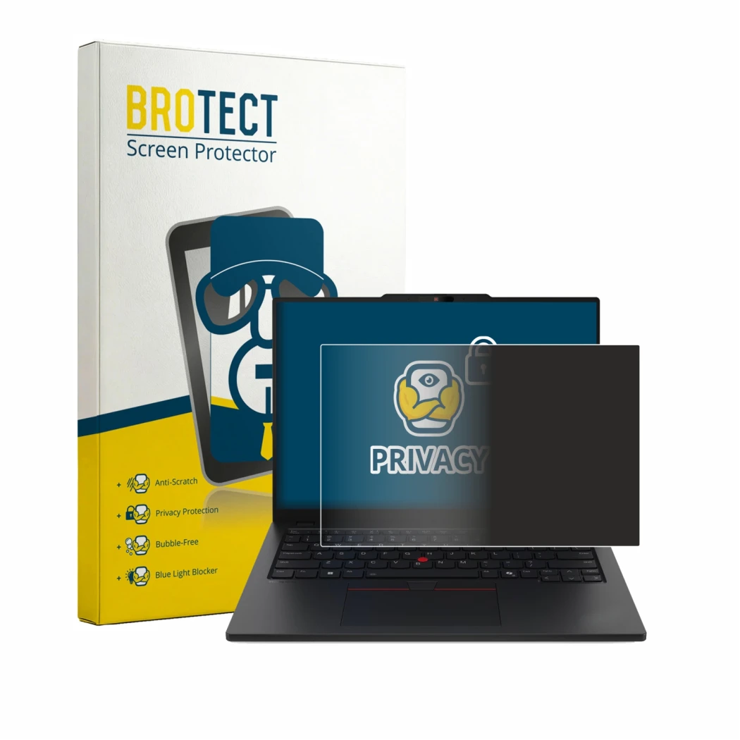 Front side of a product packaging with the brand logo BROTECT. Next to it is the device Lenovo ThinkPad L13 Gen 7 shown with t