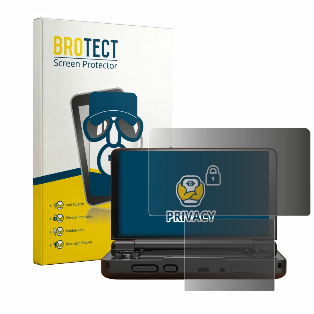 Front side of a product packaging with the brand logo BROTECT. Next to it is the device AYN Thor shown with the corresponding 
