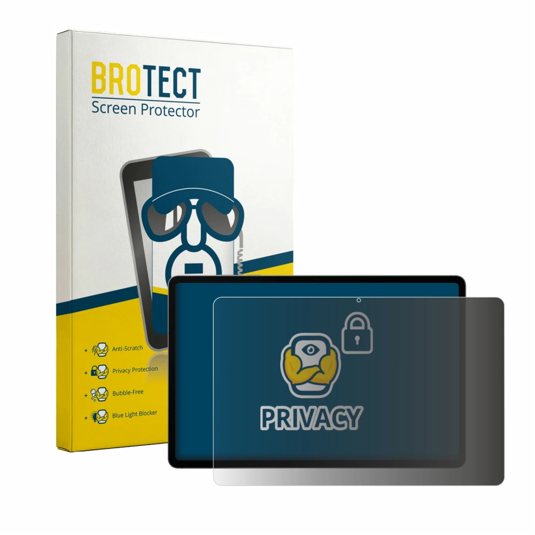 Front side of a product packaging with the brand logo BROTECT. Next to it is the device Samsung Galaxy Tab S12 Plus shown with