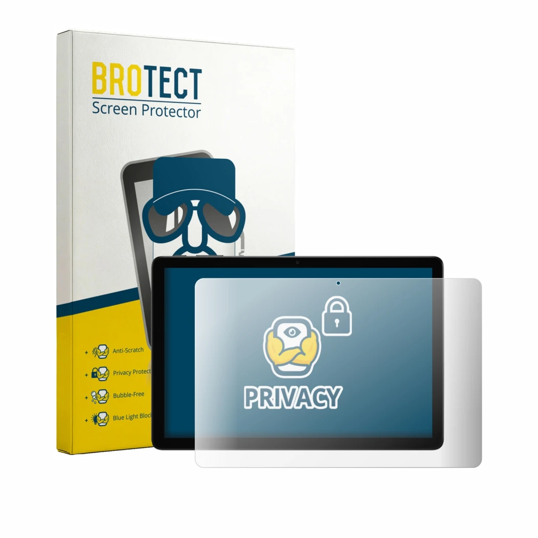 Front side of a product packaging with the brand logo BROTECT. Next to it is the device Alldocube iPlay 80SE shown with the co