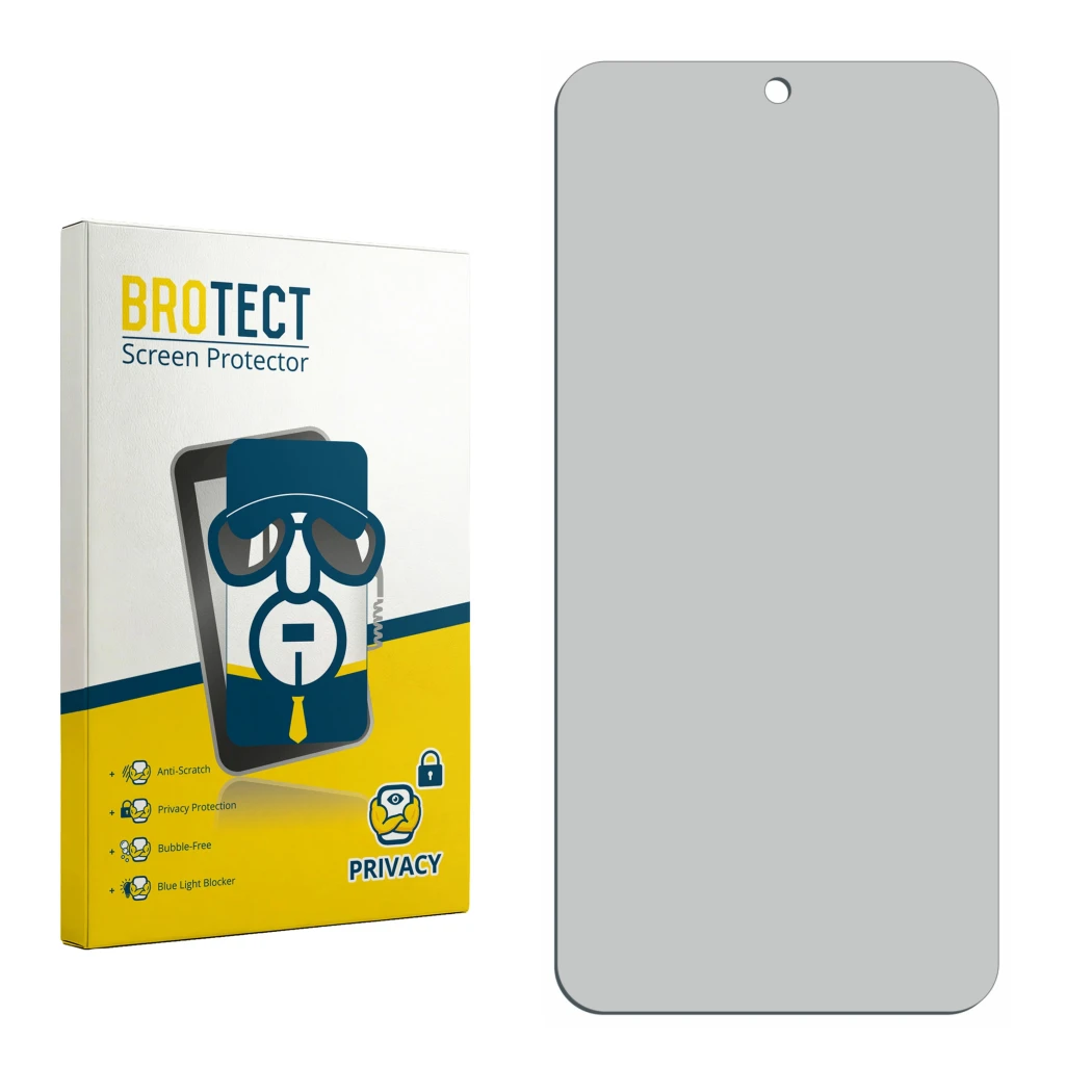 Front side of a product packaging with the brand logo BROTECT. Next to it is the corresponding screen protector.