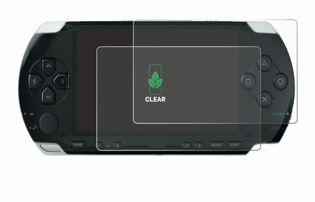 Image of the device Sony PSP 1000 with a wide variety of screen protectors.