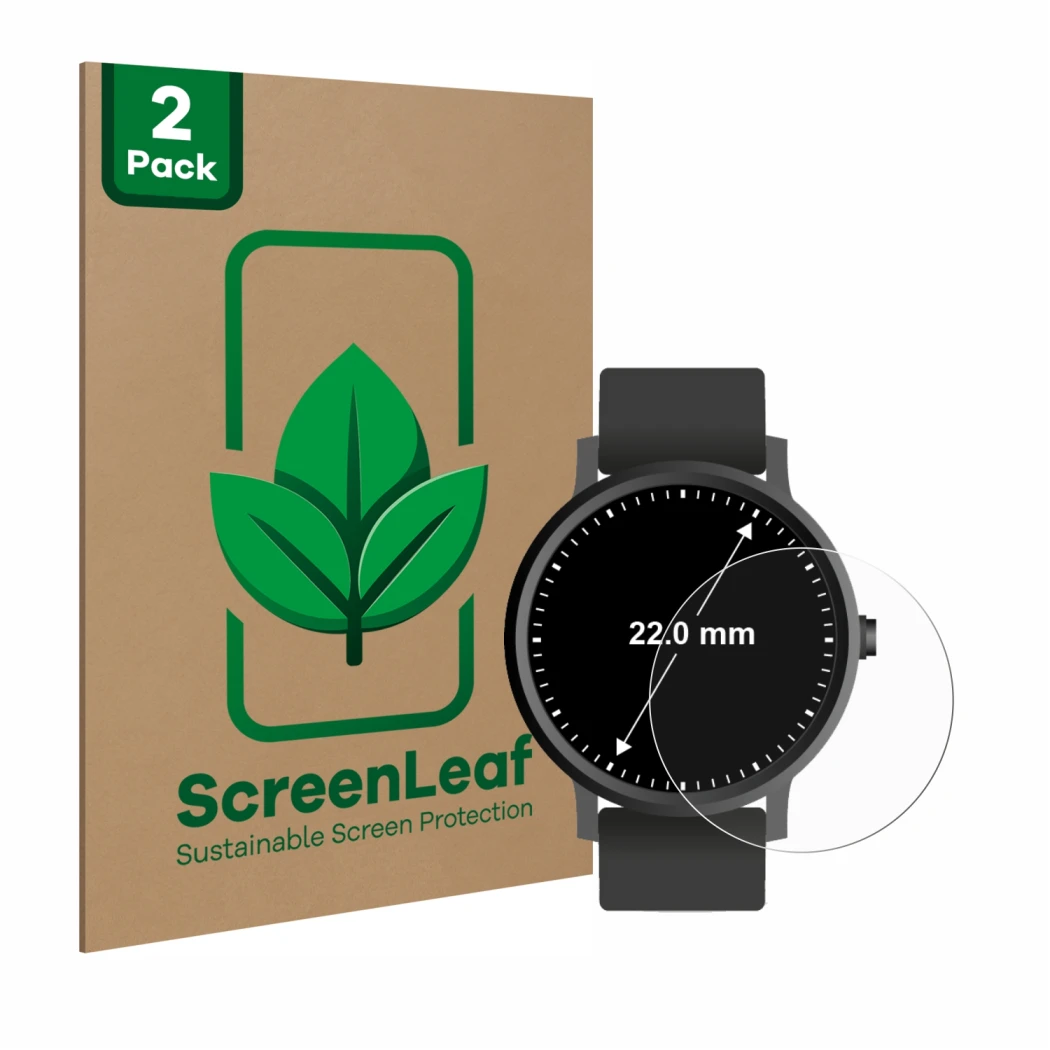 Front side of a product packaging with the brand logo ScreenLeaf. Next to it is the device Watches (Circular, ø: 22 mm) shown 