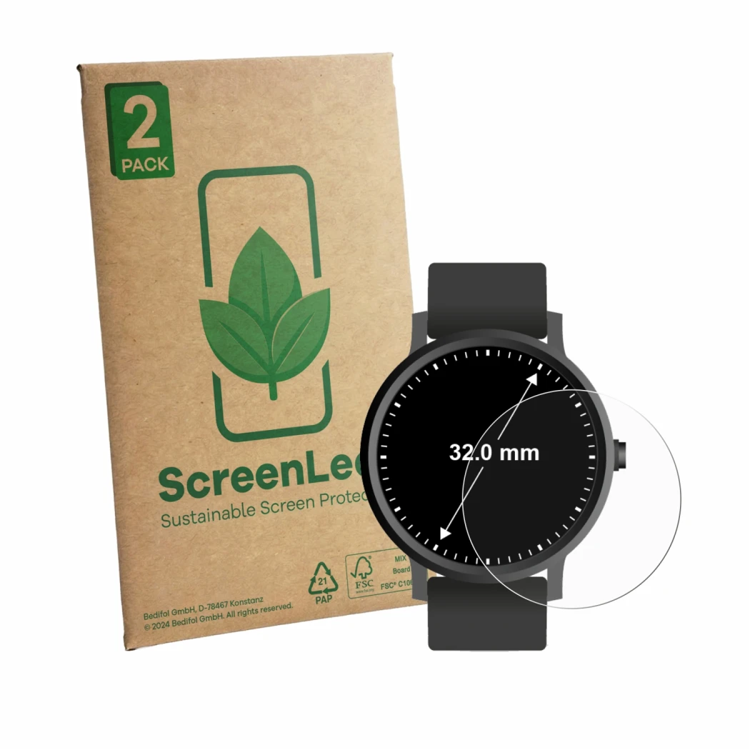 Front side of a product packaging with the brand logo ScreenLeaf. Next to it is the device Watches (Circular, ø: 32 mm) shown 