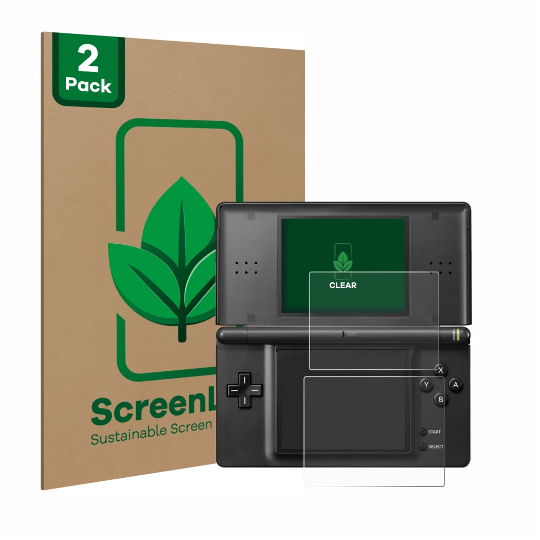 Front side of a product packaging with the brand logo ScreenLeaf. Next to it is the device Nintendo DS LITE shown with the cor