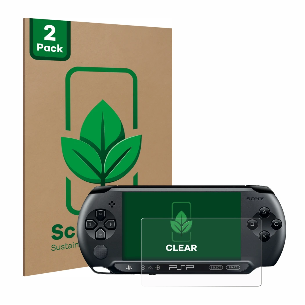 Front side of a product packaging with the brand logo ScreenLeaf. Next to it is the device Sony PSP 1004 shown with the corres
