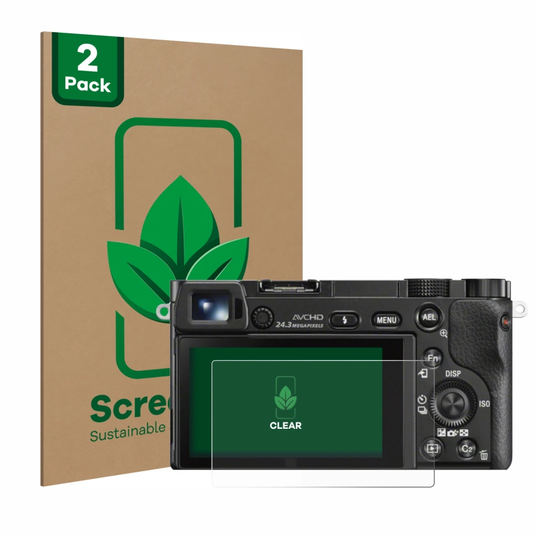 Front side of a product packaging with the brand logo ScreenLeaf. Next to it is the device Sony Alpha 6000 shown with the corr