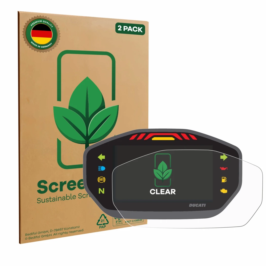 Front side of a product packaging with the brand logo ScreenLeaf. Next to it is the device Ducati Monster 1200 Colour-TFT-Disp