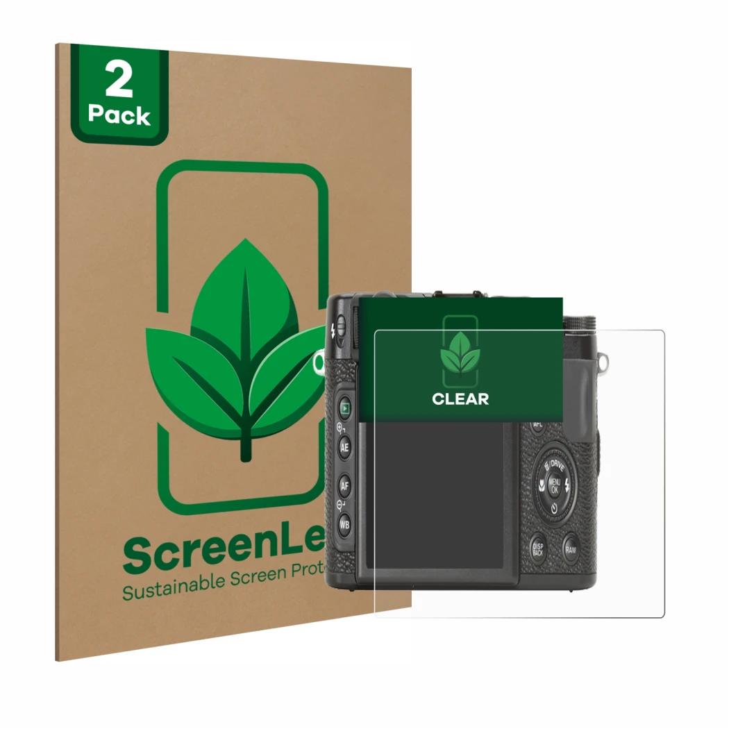 Front side of a product packaging with the brand logo ScreenLeaf. Next to it is the device Fujifilm X10 shown with the corresp