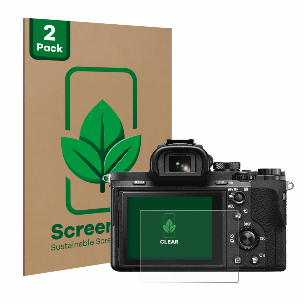 Front side of a product packaging with the brand logo ScreenLeaf. Next to it is the device Sony Alpha 7 II (ILCE-7M2) shown wi