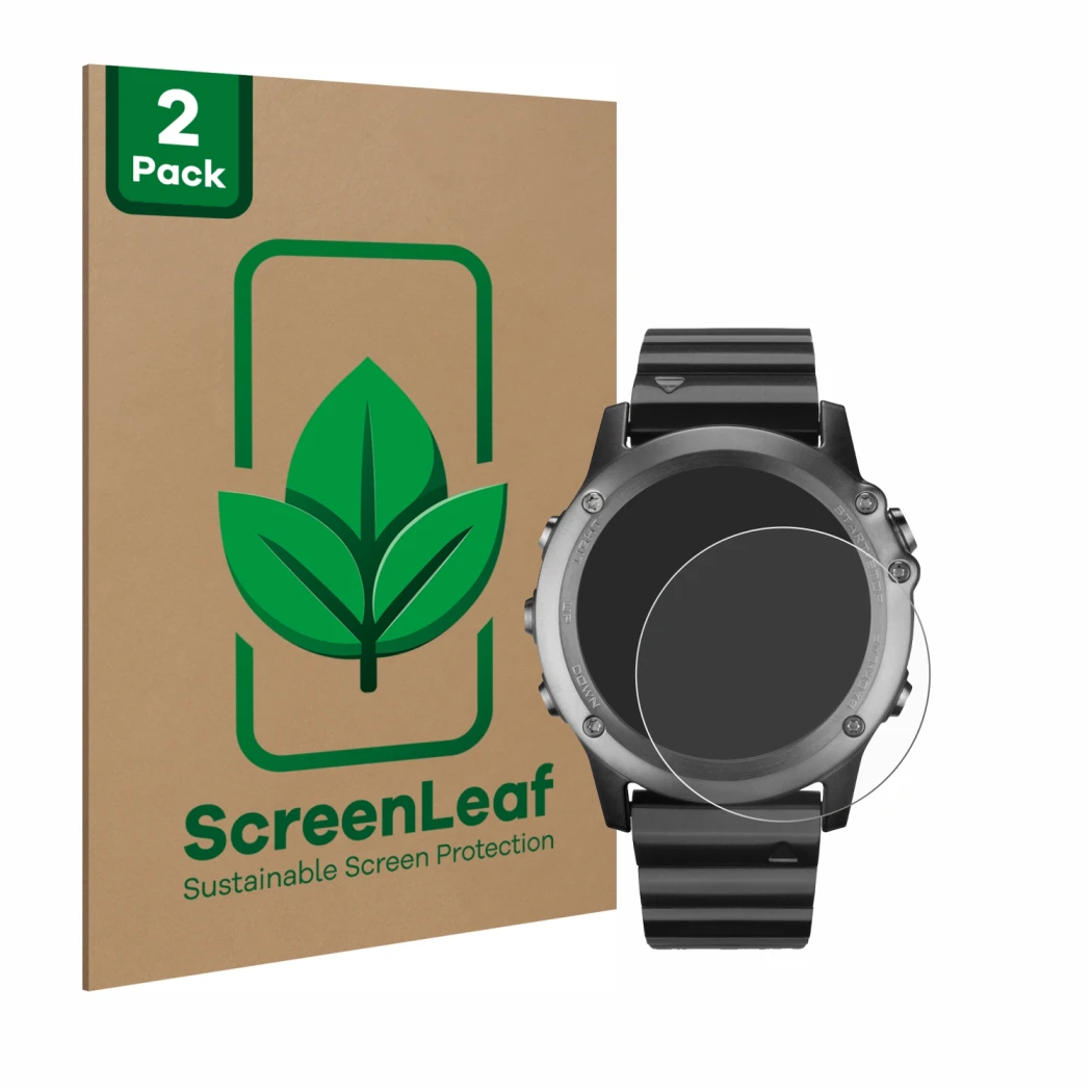 Front side of a product packaging with the brand logo ScreenLeaf. Next to it is the device Garmin Fenix 3 shown with the corre