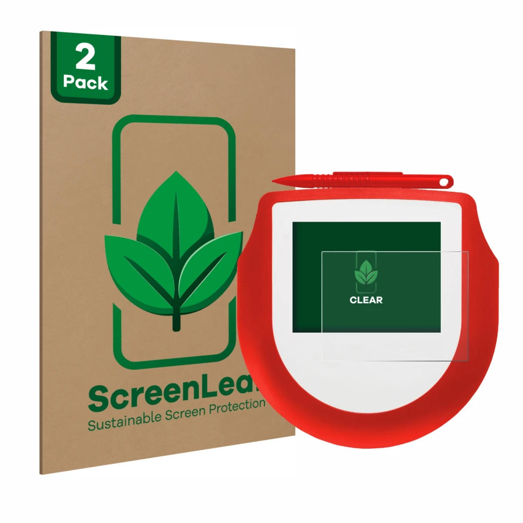 Front side of a product packaging with the brand logo ScreenLeaf. Next to it is the device Signotec Signature Pad Omega shown 