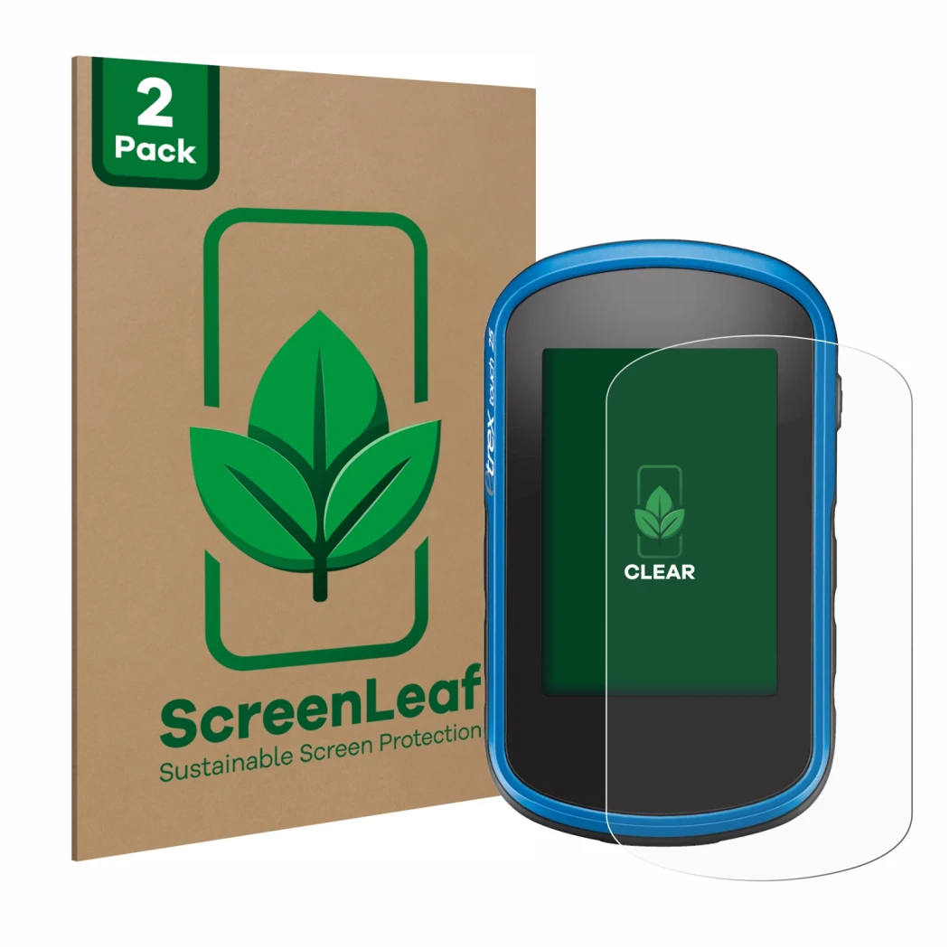 Front side of a product packaging with the brand logo ScreenLeaf. Next to it is the device Garmin eTrex Touch 35 shown with th