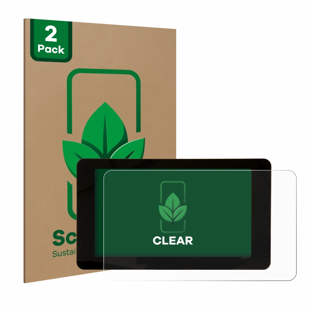 Front side of a product packaging with the brand logo ScreenLeaf. Next to it is the device Raspberry Pi Touchscreen 7