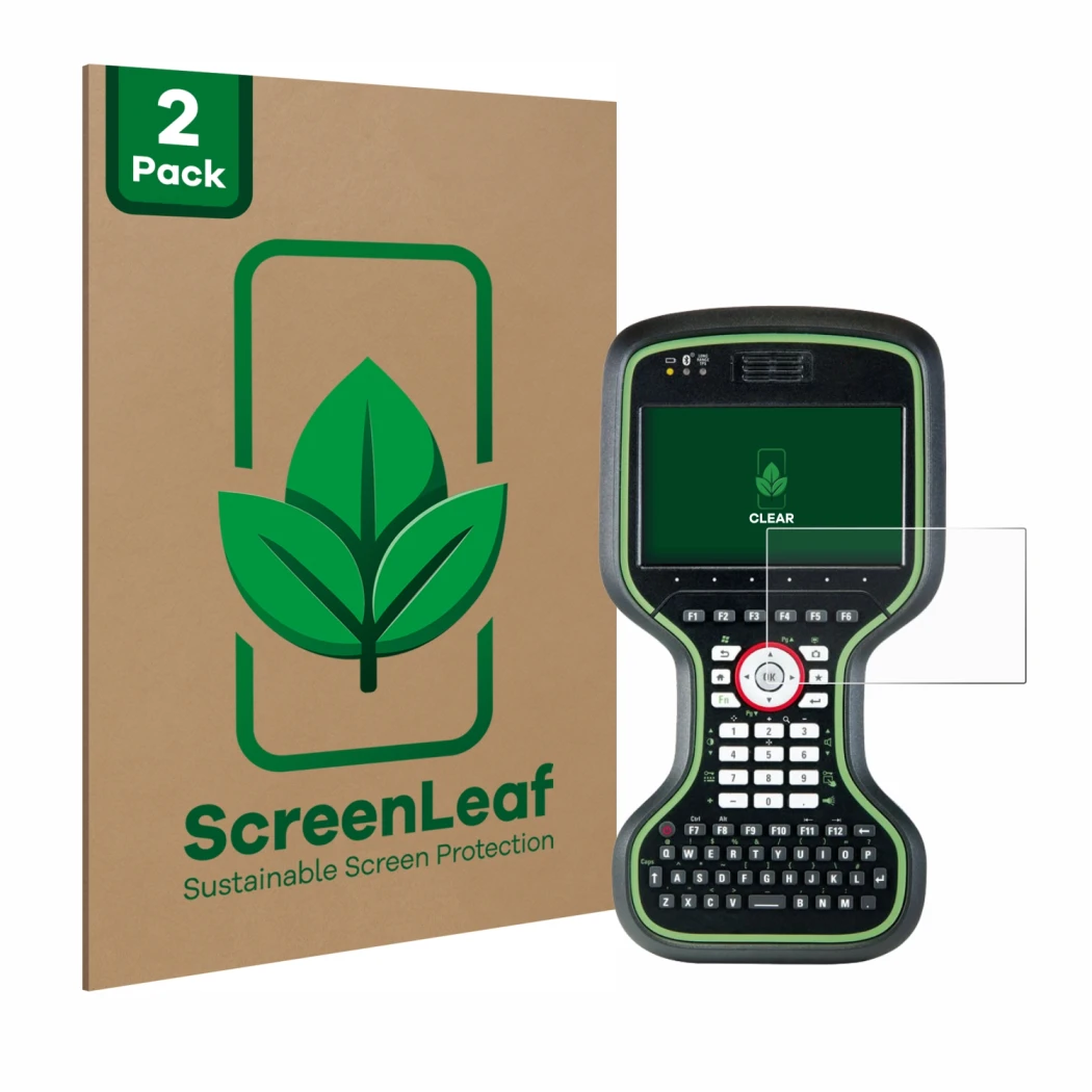 Front side of a product packaging with the brand logo ScreenLeaf. Next to it is the device Leica CS20 3.75G Disto shown with t