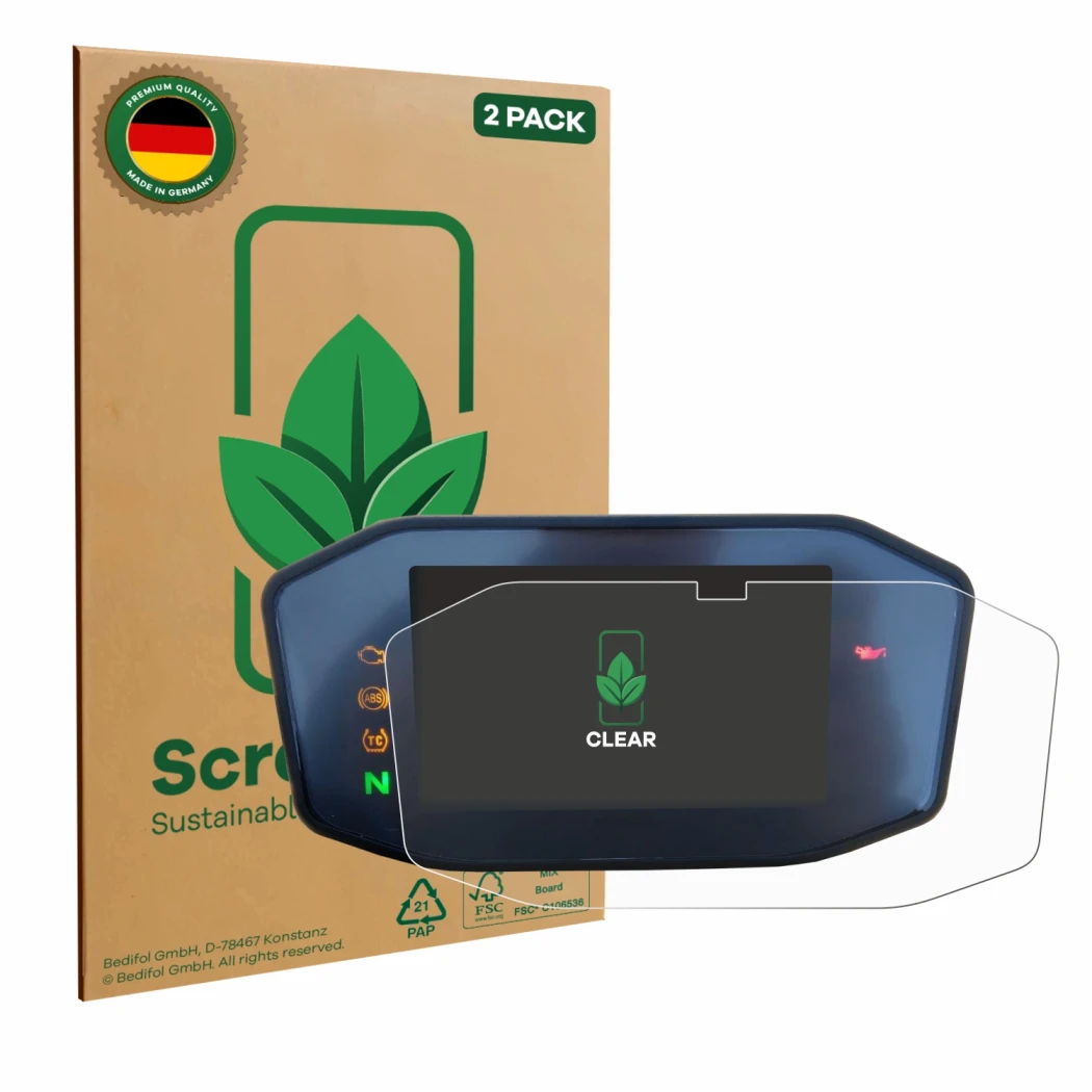 Front side of a product packaging with the brand logo ScreenLeaf. Next to it is the device KTM 690 Duke 2016 shown with the co