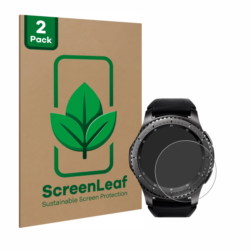 Front side of a product packaging with the brand logo ScreenLeaf. Next to it is the device Samsung Gear S3 Frontier shown with