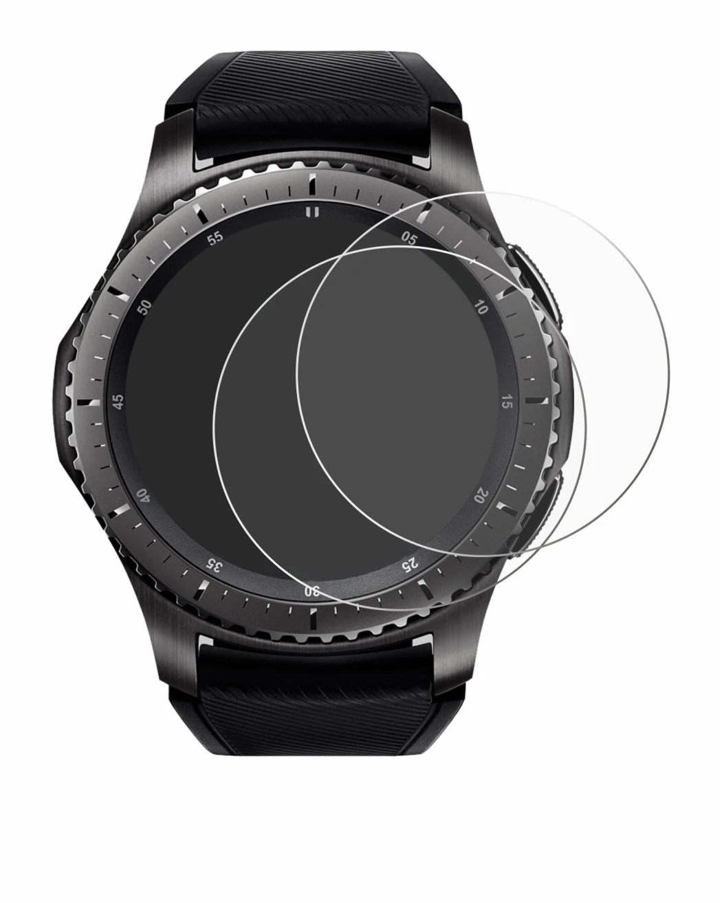 Image of the device Samsung Gear S3 Frontier with a wide variety of screen protectors.