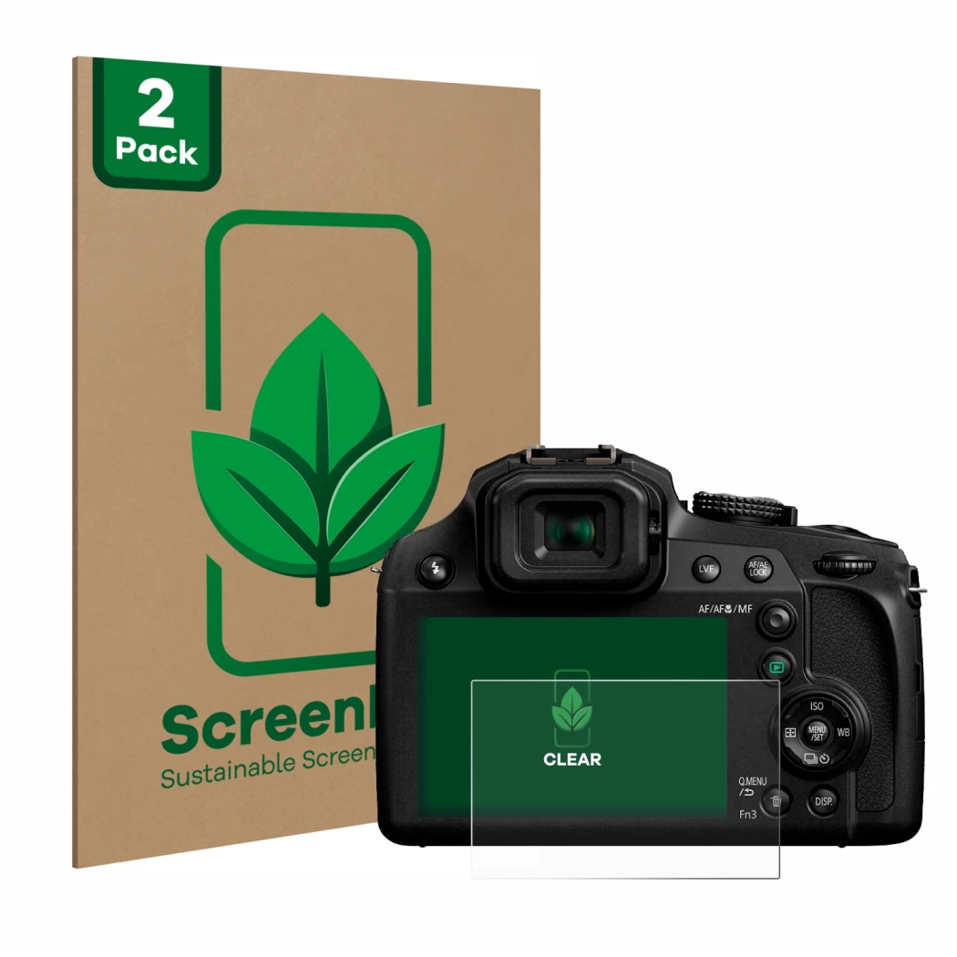 Front side of a product packaging with the brand logo ScreenLeaf. Next to it is the device Panasonic Lumix DC-FZ82 shown with 
