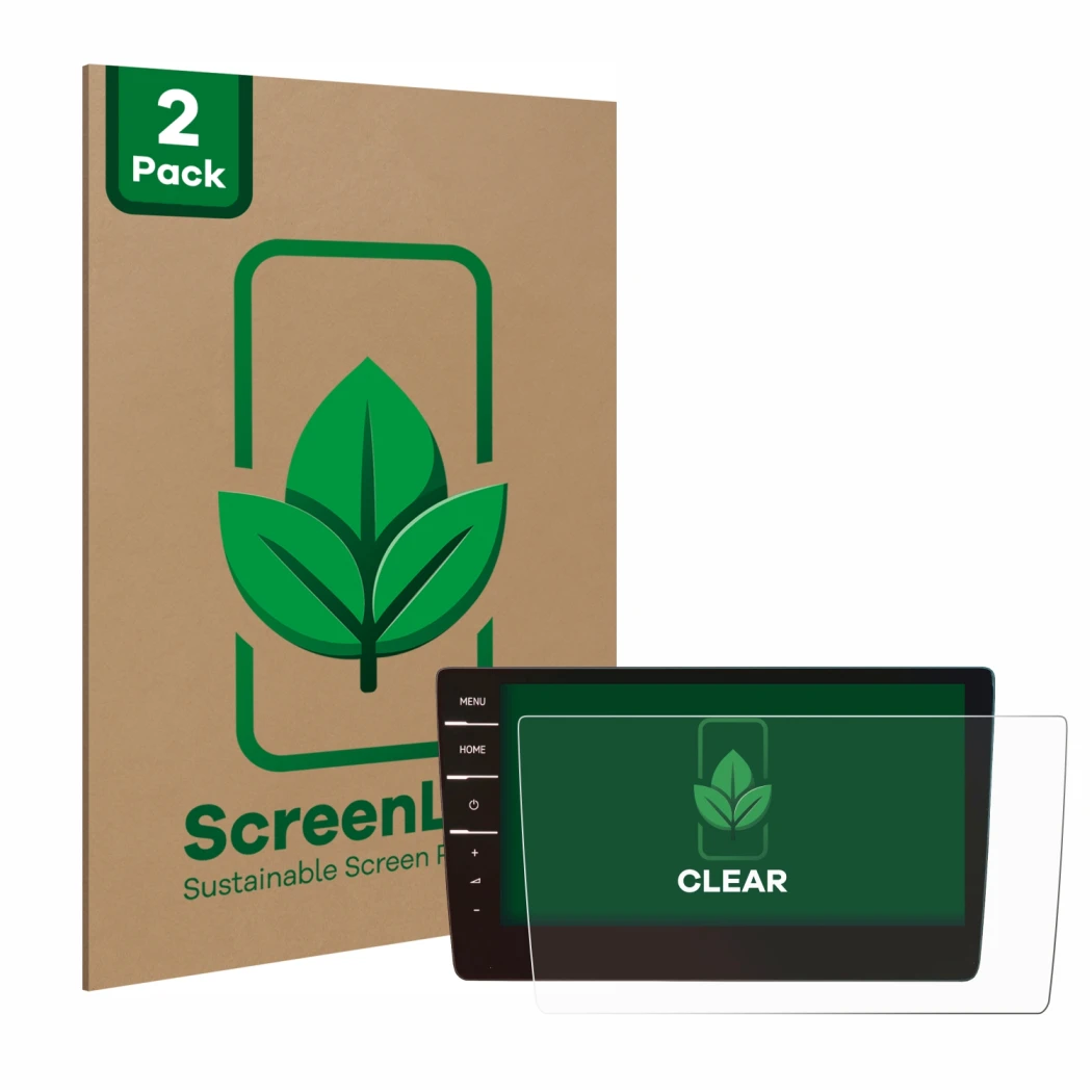Front side of a product packaging with the brand logo ScreenLeaf. Next to it is the device Volkswagen Golf 7 Discover Pro 9.2