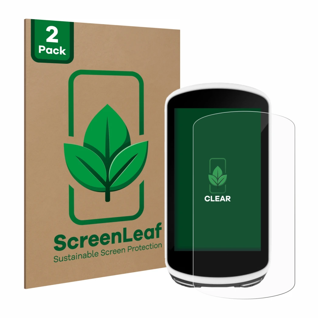 Front side of a product packaging with the brand logo ScreenLeaf. Next to it is the device Garmin Edge 1030 shown with the cor