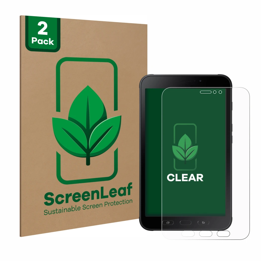 Front side of a product packaging with the brand logo ScreenLeaf. Next to it is the device Samsung Galaxy Tab Active 2 shown w