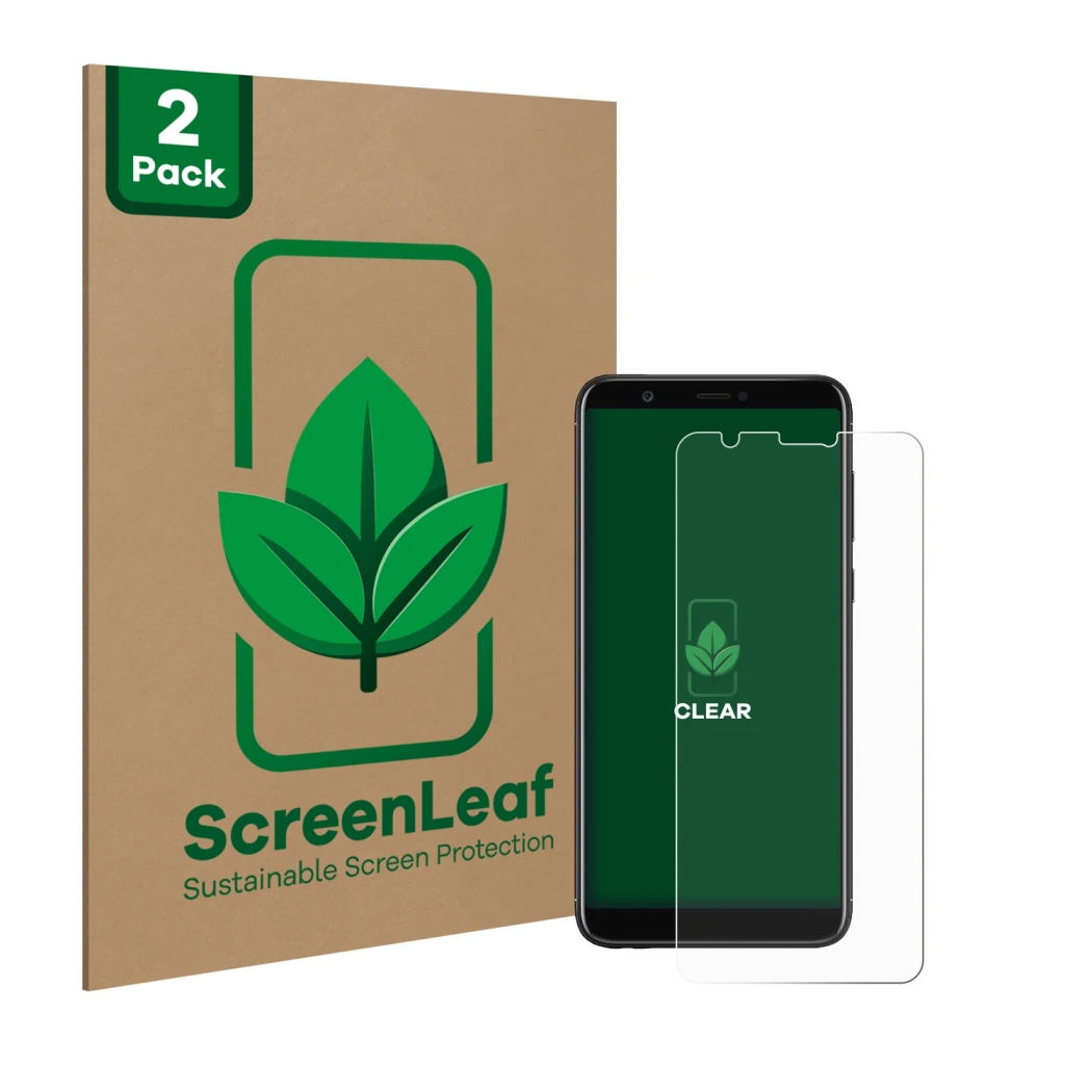 Front side of a product packaging with the brand logo ScreenLeaf. Next to it is the device Huawei P smart 2018 shown with the 