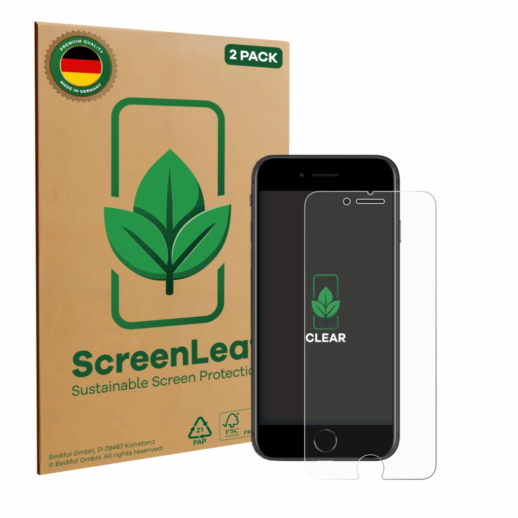 Front side of a product packaging with the brand logo ScreenLeaf. Next to it is the device Apple iPhone SE 2 2020 shown with t