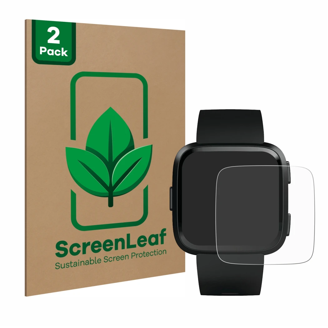 Front side of a product packaging with the brand logo ScreenLeaf. Next to it is the device Fitbit Versa shown with the corresp