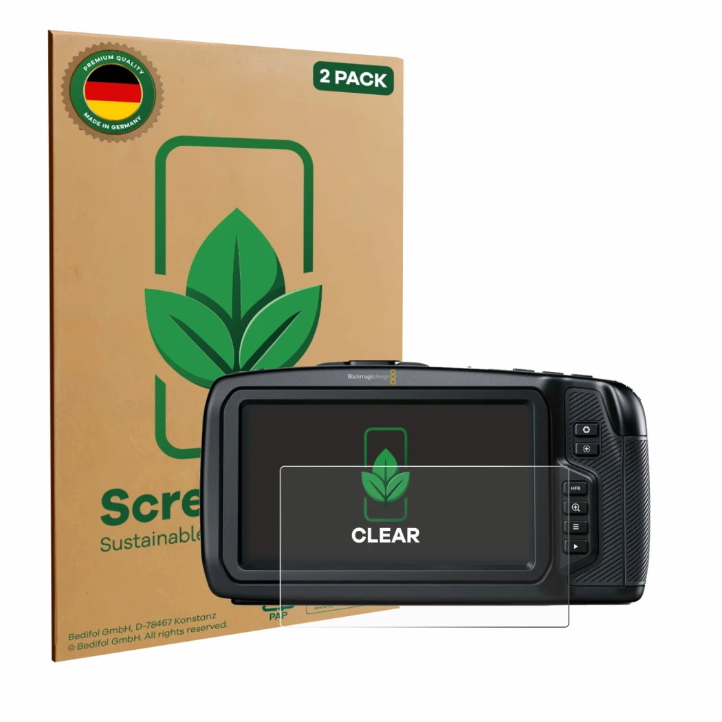 Front side of a product packaging with the brand logo ScreenLeaf. Next to it is the device Blackmagic Pocket Cinema Camera 4K 