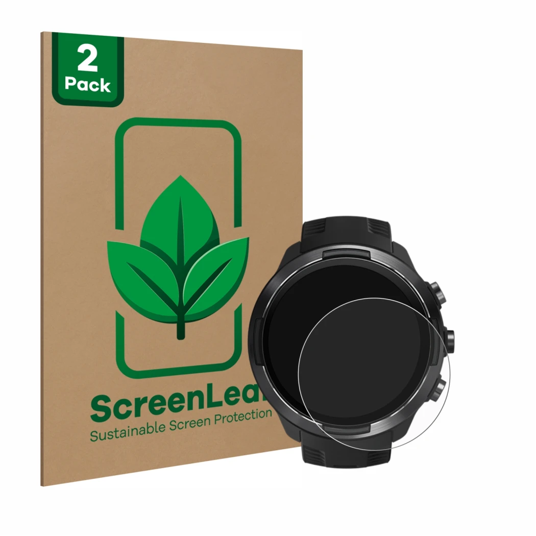 Front side of a product packaging with the brand logo ScreenLeaf. Next to it is the device Suunto 9 shown with the correspondi