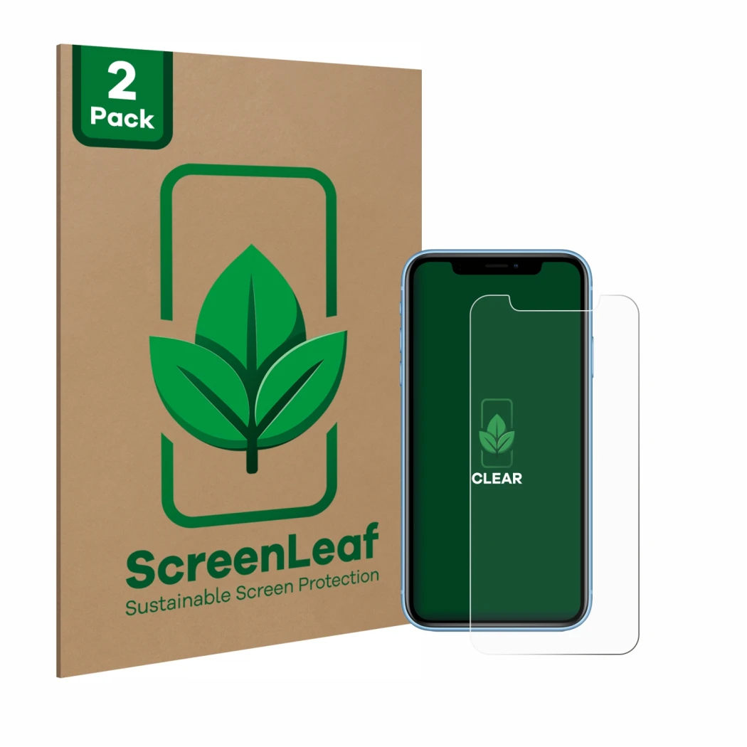 Front side of a product packaging with the brand logo ScreenLeaf. Next to it is the device Apple iPhone XR shown with the corr