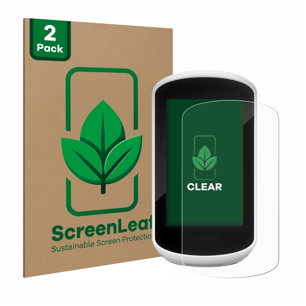 Front side of a product packaging with the brand logo ScreenLeaf. Next to it is the device Garmin Edge Explore 2018 shown with