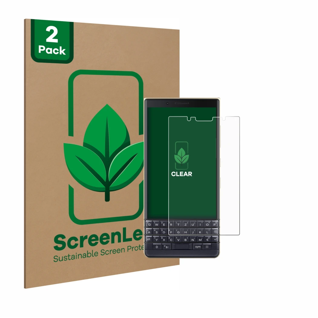 Front side of a product packaging with the brand logo ScreenLeaf. Next to it is the device BlackBerry Key2 LE shown with the c