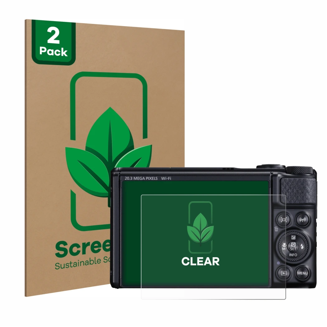 Front side of a product packaging with the brand logo ScreenLeaf. Next to it is the device Canon PowerShot SX740 HS shown with