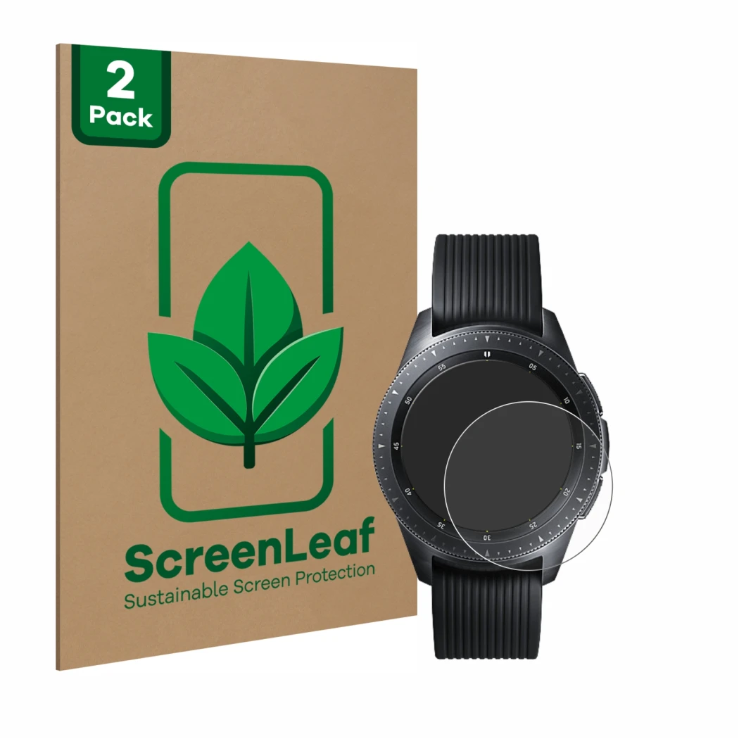 Front side of a product packaging with the brand logo ScreenLeaf. Next to it is the device Samsung Galaxy Watch (42 mm) shown 