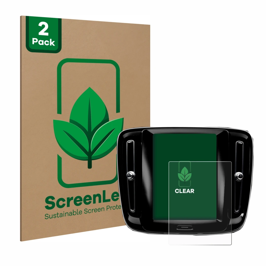 Front side of a product packaging with the brand logo ScreenLeaf. Next to it is the device Volvo XC40 Sensus Connect 8.7
