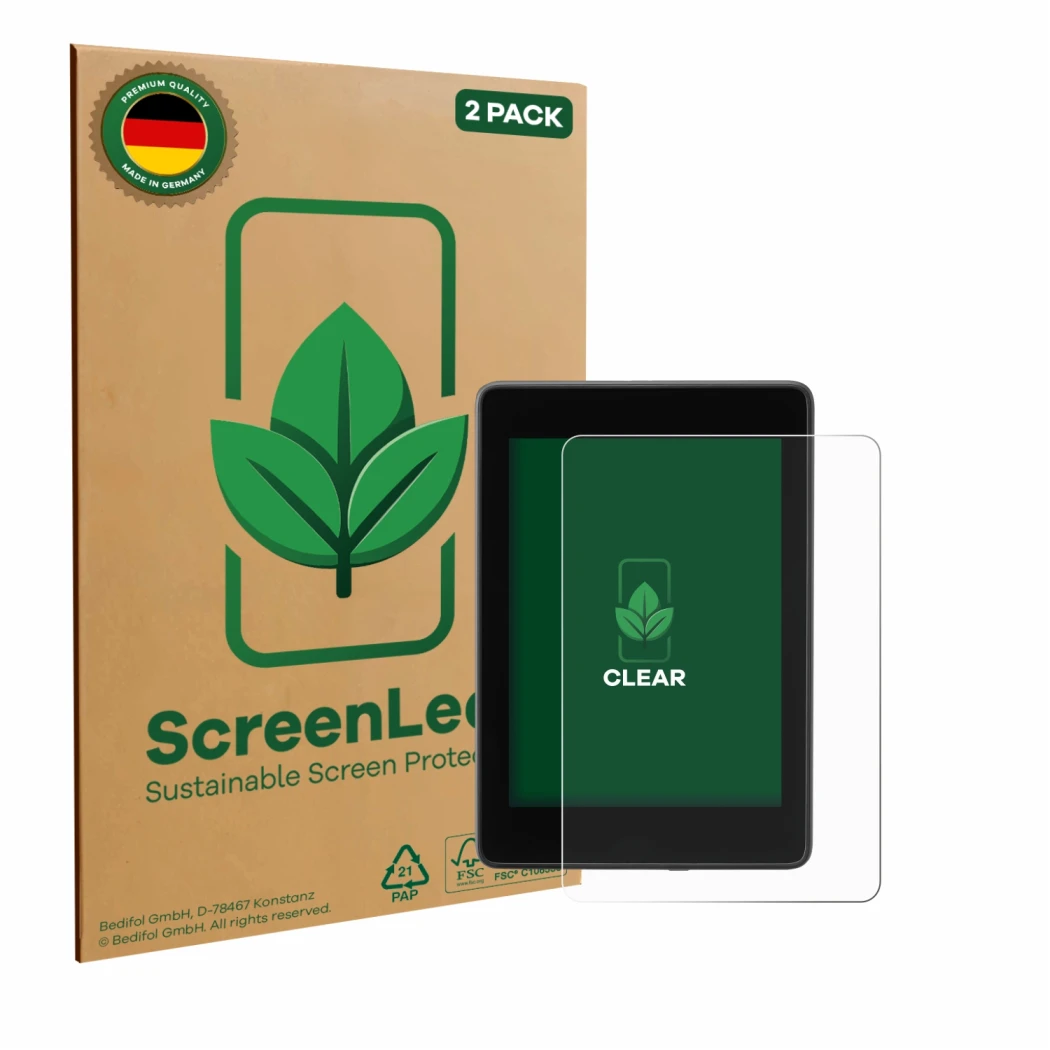 Front side of a product packaging with the brand logo ScreenLeaf. Next to it is the device Amazon Kindle Paperwhite 2018 (10th