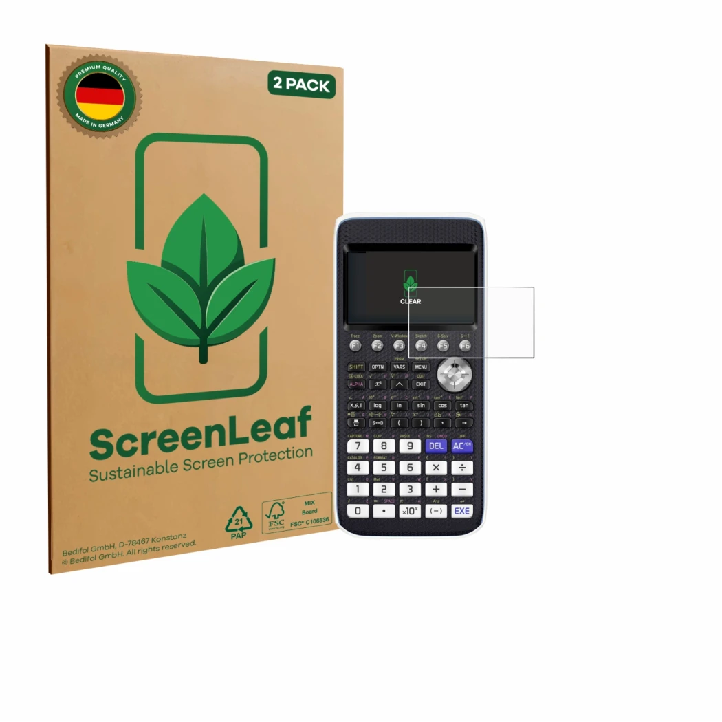 Front side of a product packaging with the brand logo ScreenLeaf. Next to it is the device Casio FX-CG50 shown with the corres