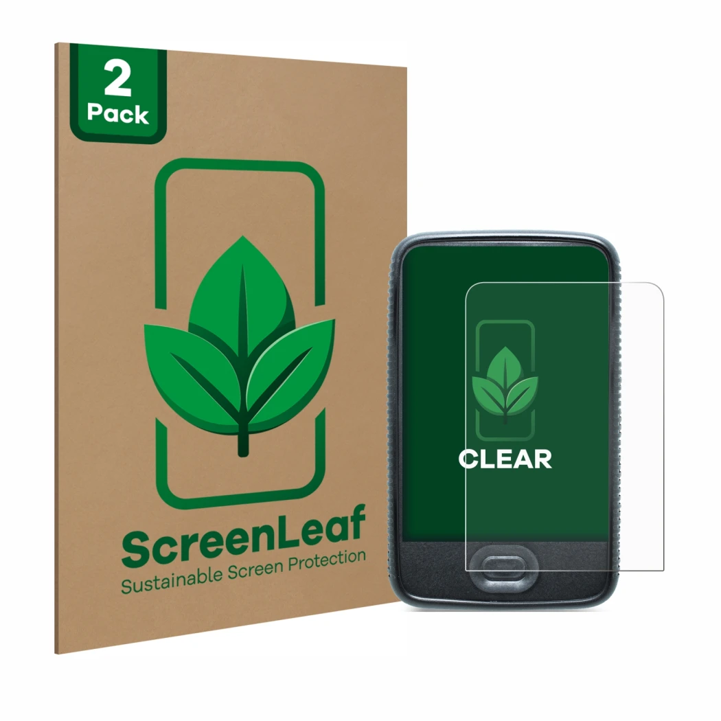 Front side of a product packaging with the brand logo ScreenLeaf. Next to it is the device Dexcom G6 Receiver CGM shown with t