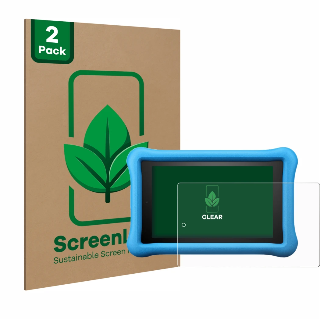 Front side of a product packaging with the brand logo ScreenLeaf. Next to it is the device Amazon Fire HD 8 Kids Edition 2018 