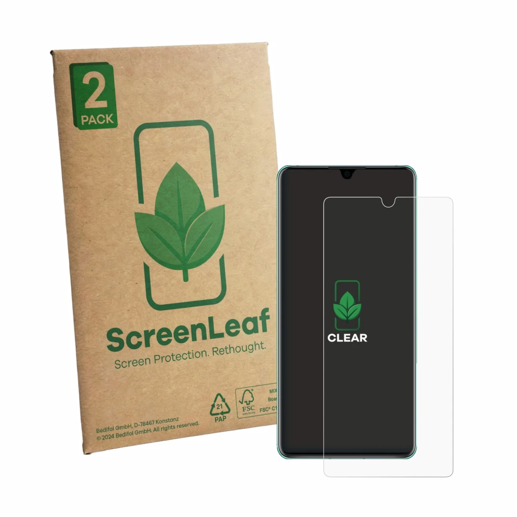Front side of a product packaging with the brand logo ScreenLeaf. Next to it is the device Huawei P30 shown with the correspon