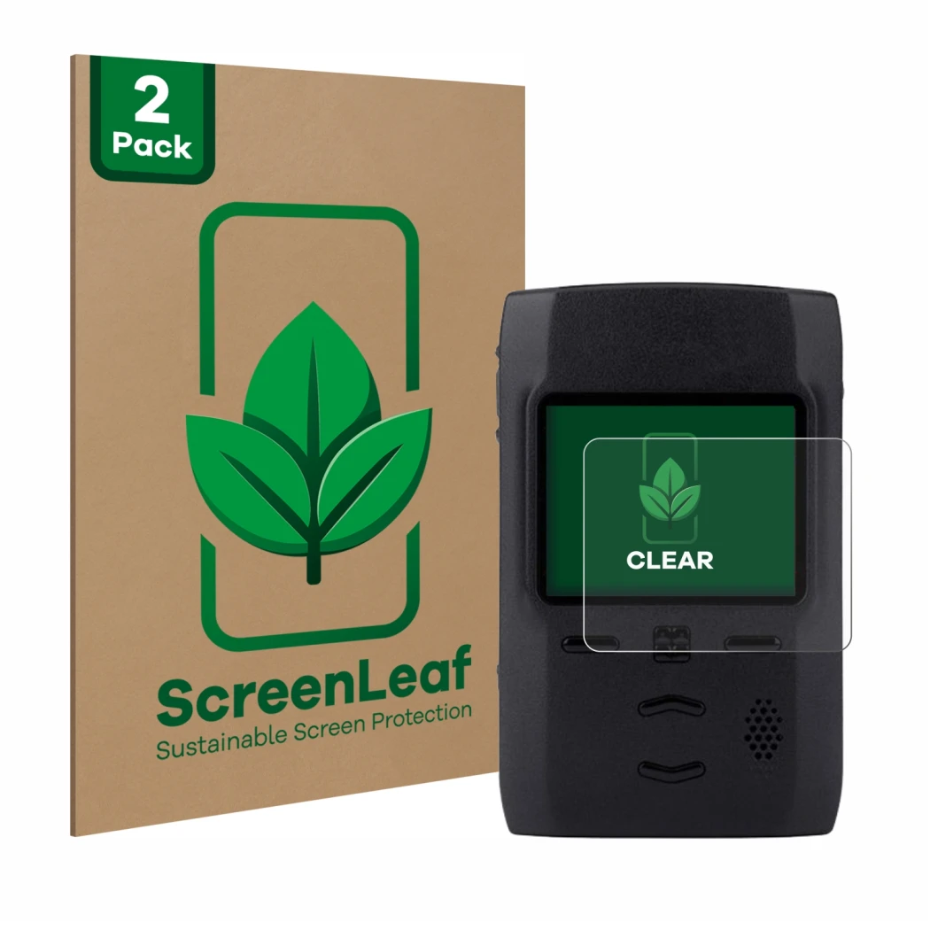 Front side of a product packaging with the brand logo ScreenLeaf. Next to it is the device Motorola Advisor TPG2200 shown with