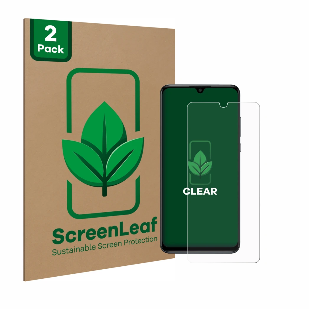 Front side of a product packaging with the brand logo ScreenLeaf. Next to it is the device Huawei P30 lite shown with the corr
