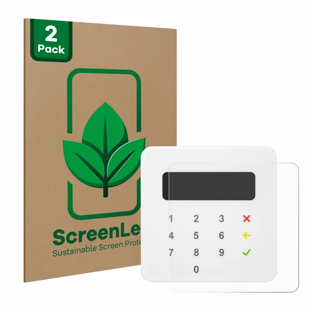 Front side of a product packaging with the brand logo ScreenLeaf. Next to it is the device SumUp Air shown with the correspond