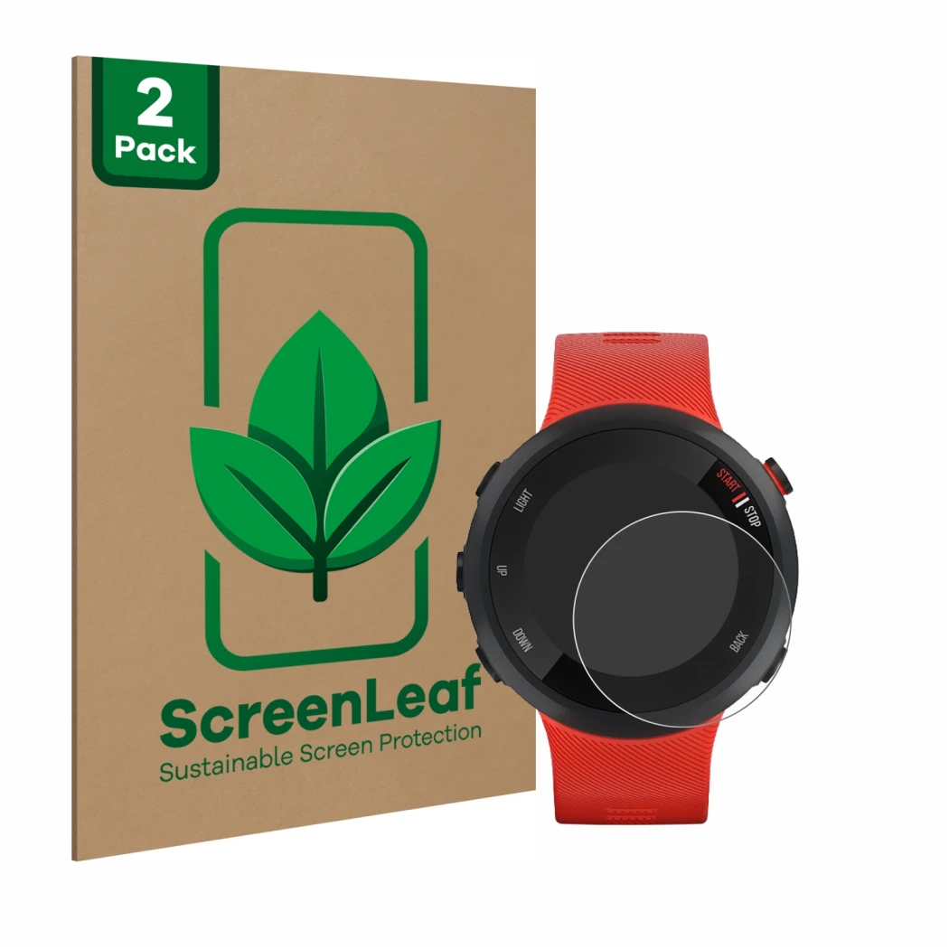 Front side of a product packaging with the brand logo ScreenLeaf. Next to it is the device Garmin Forerunner 45 shown with the