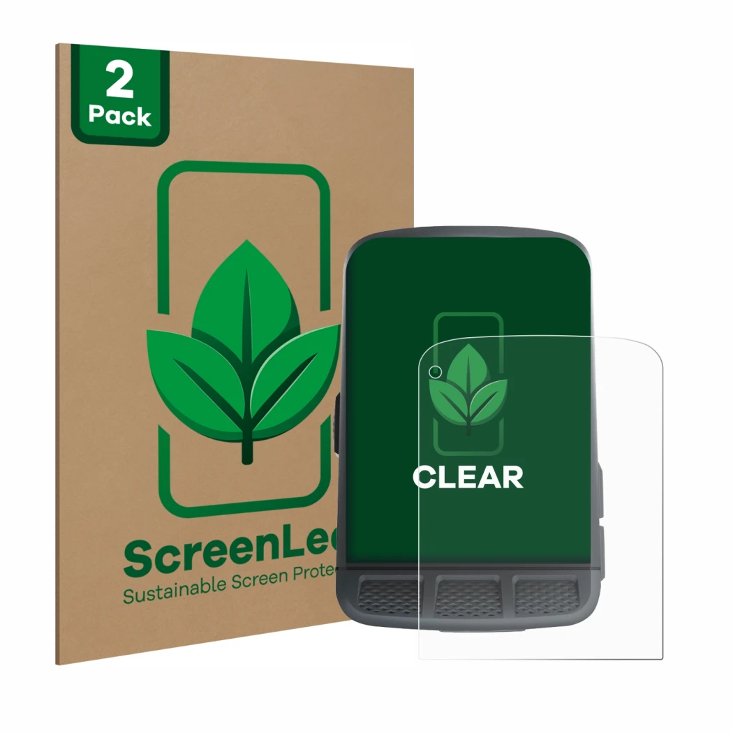 Front side of a product packaging with the brand logo ScreenLeaf. Next to it is the device Wahoo Elemnt Roam shown with the co