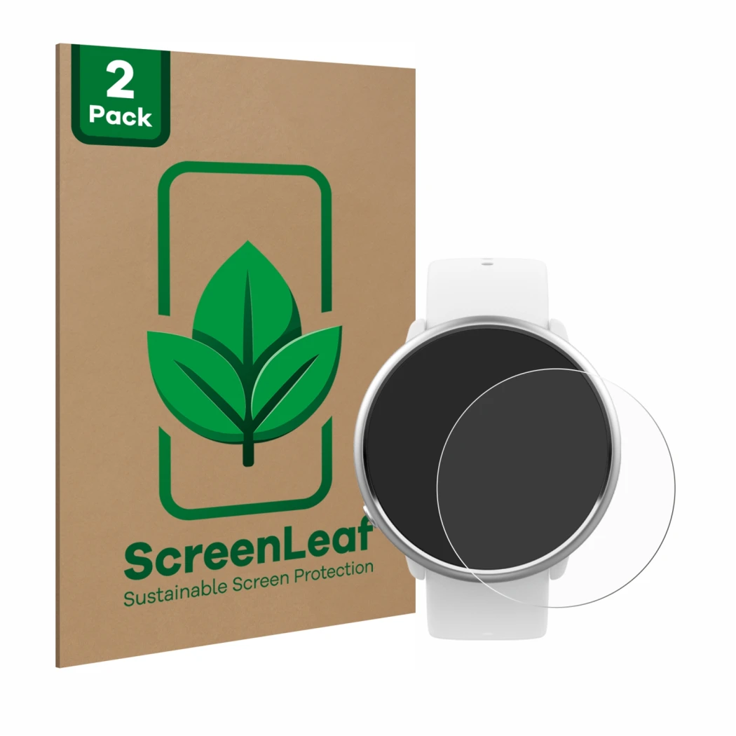 Front side of a product packaging with the brand logo ScreenLeaf. Next to it is the device Polar Ignite shown with the corresp